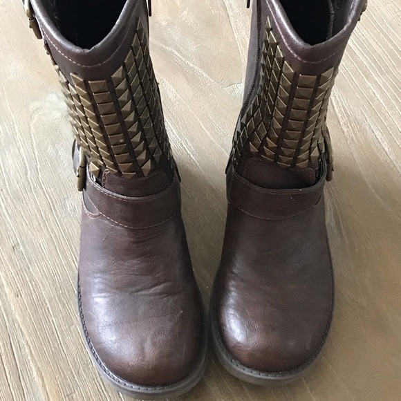 Studded Brown Moto Boot With Gold Buckles - Picture 2 of 7